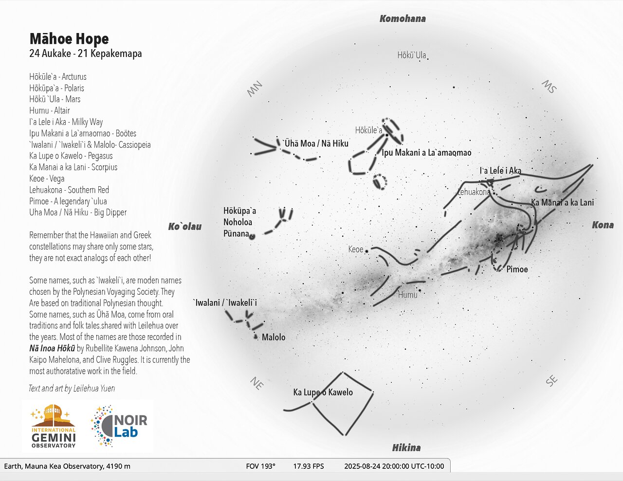 The Hawaiian sky at 8:00 p.m. on 24 August 2025 for the start of the lunar  month of Māhoe Hope (24 August – 21 September) | NOIRLab