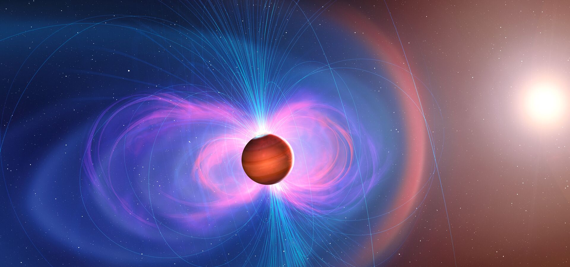 Artist’s illustration of hot Jupiter with magnetic field
