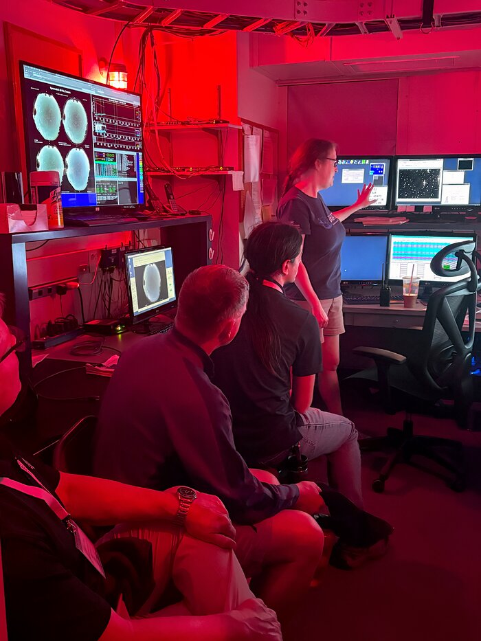 Summer Stars 2025 participants shadowing Melissa Brucker at UArizona Spacewatch 1.8-meter Telescope.
