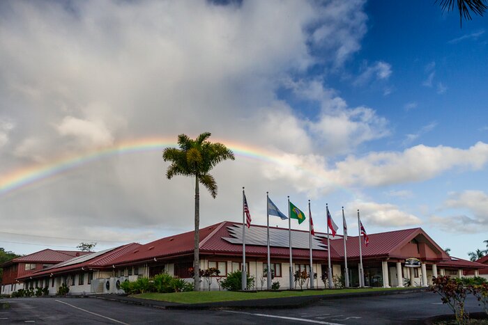 Rainbow over Gemini North Base facility in Hilo